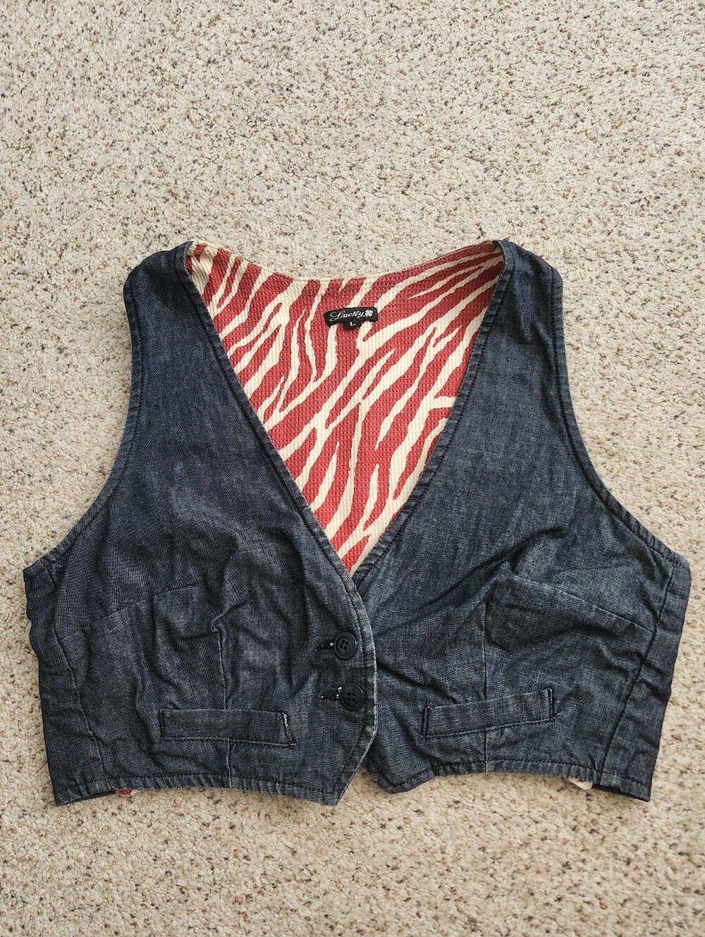 Lucky Cropped Denim Vest with China Graphic / Red and Cream Zebra Print - Picture 5 of 9